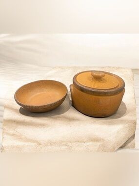 Vintage McCoy Pottery Canyon ware lidded casserole and bowl set.